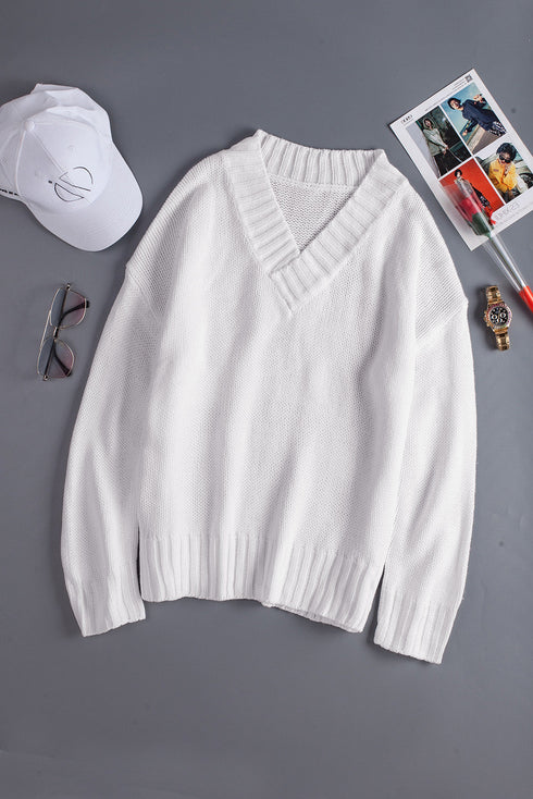 V Neck Drop Shoulder Knitted Sweater